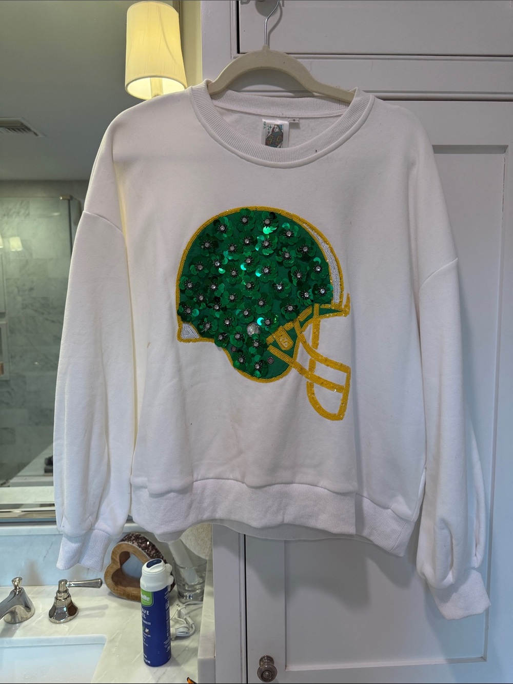 White Sweatshirt with Green Sequin Football Helmet